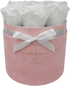 Wieczne białe róże w pudrowo-różowym flower boxie – Midi