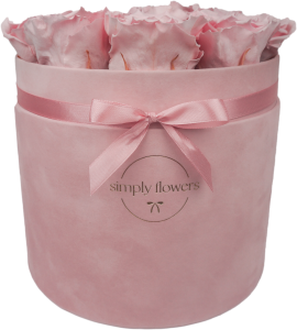 Wieczne pudrowo-różowe róże w pudrowo-różowym flower boxie – Maxi prezent